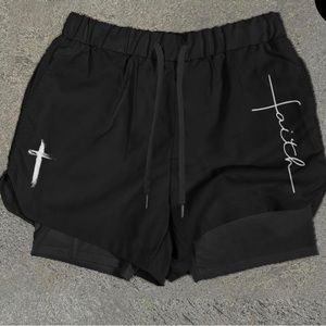 Men’s Faith Cross Print Double Layer Quick Dry Shorts Size M New Black